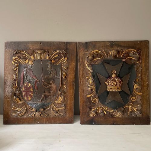 Rare 19th Century Carved Oak Ceiling Panels Australian and Maltese Flag