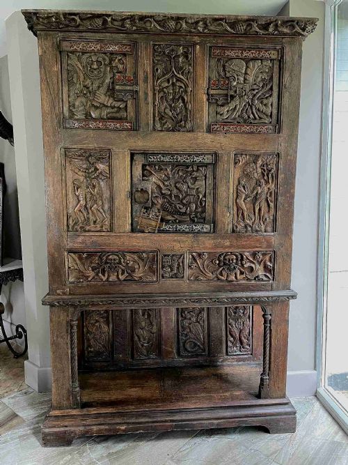 Rare 16th Century Carved Oak Vestry Cupboard 22 Panels Mythical