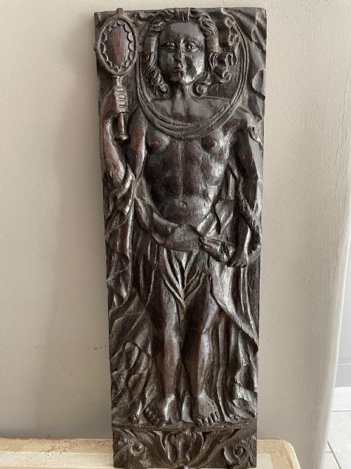 17th Century Carved Oak Panel Cardinal Virtue 'Prudence' Saint