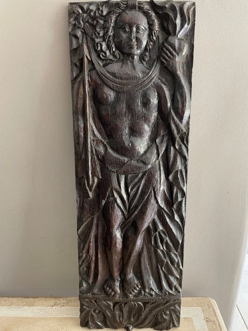 Rare 17th Century English Carved Oak Panel of the Cardinal Virtue "Hope"