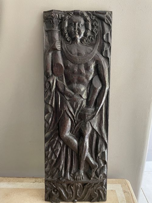 17th Century English Carved Oak Panel of the Cardinal Virtue "Fortitude"  
