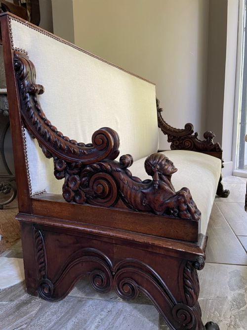 19th Century Carved Sphinx Caryatids Hall Bench Settee