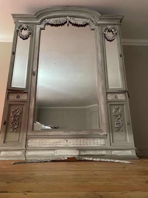 19th Century Painted French Mirrored Armoire Wardrobe Cabinet with Carved Cartouche.