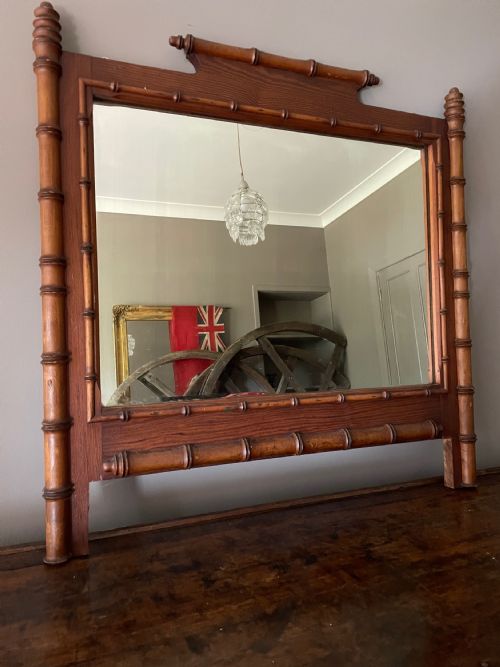 19th Century Carved Pine Faux Bamboo Overmantel Mirror.