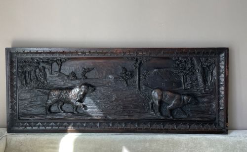19th Century Large Carved Walnut Black Forest Hunting Dog Panel .