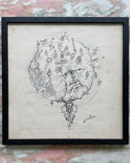 Wymsical Antique Pen and Ink Drawing  Moon Head Cyclists Algernon Shaw
