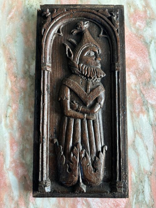 15th Century Carved Oak Whimsical Panel the Fool