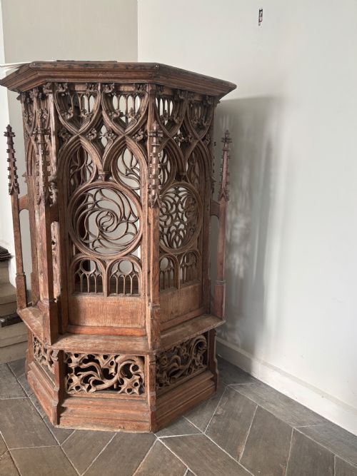 Period Oak Small Pulpit Provenance Carved Oak Cathedral Window Panels