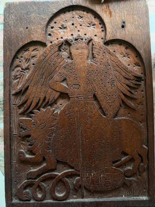 19th Century Carved Oak Gothic Church Pew Panel Saint Jerome Lion