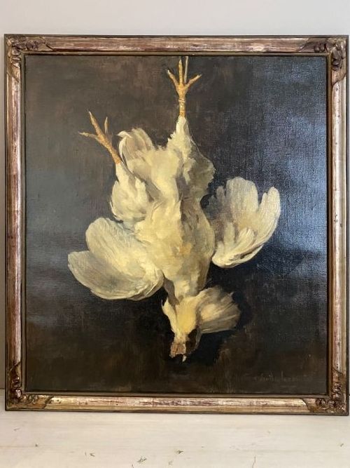 Very Large Still Life Cockerel Oil Painting Emile Lecomte. 