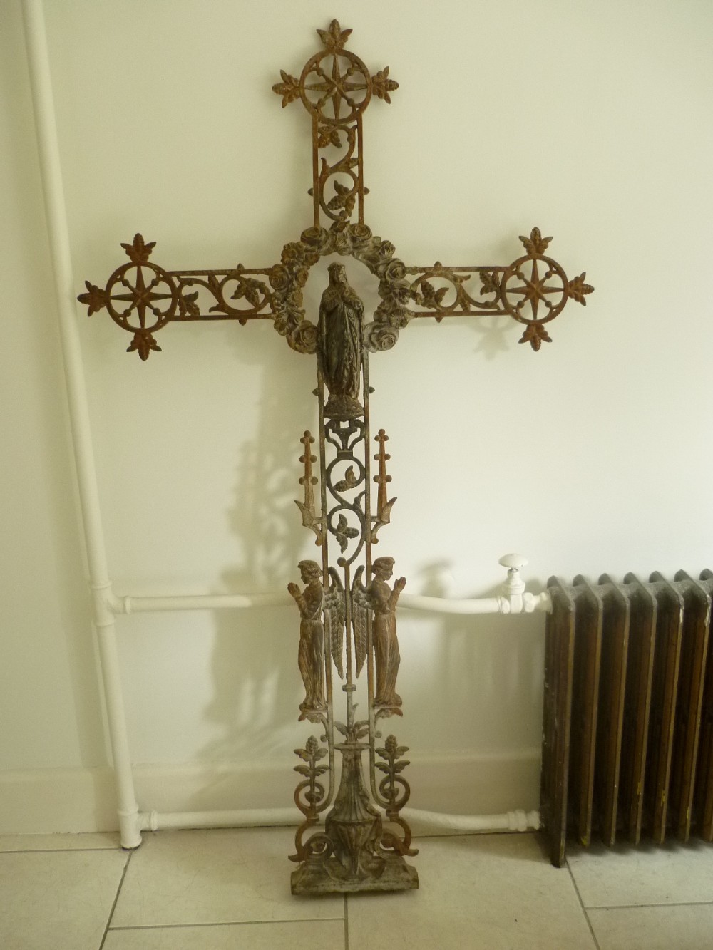 19th Century cast Iron French Cross Angels Virgin Mary