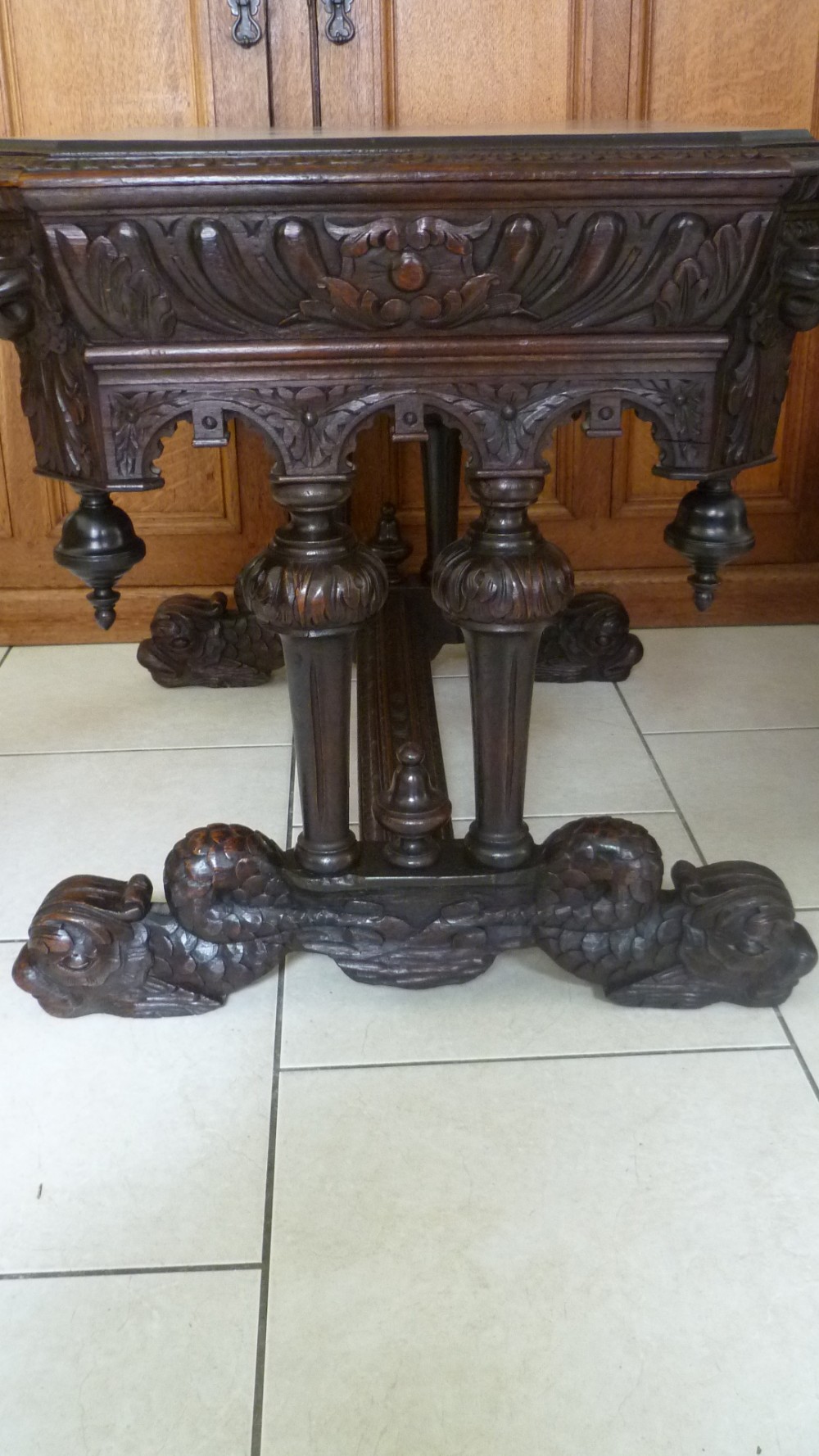 19th Century Carved Oak Central Library Table Dolphin Feet