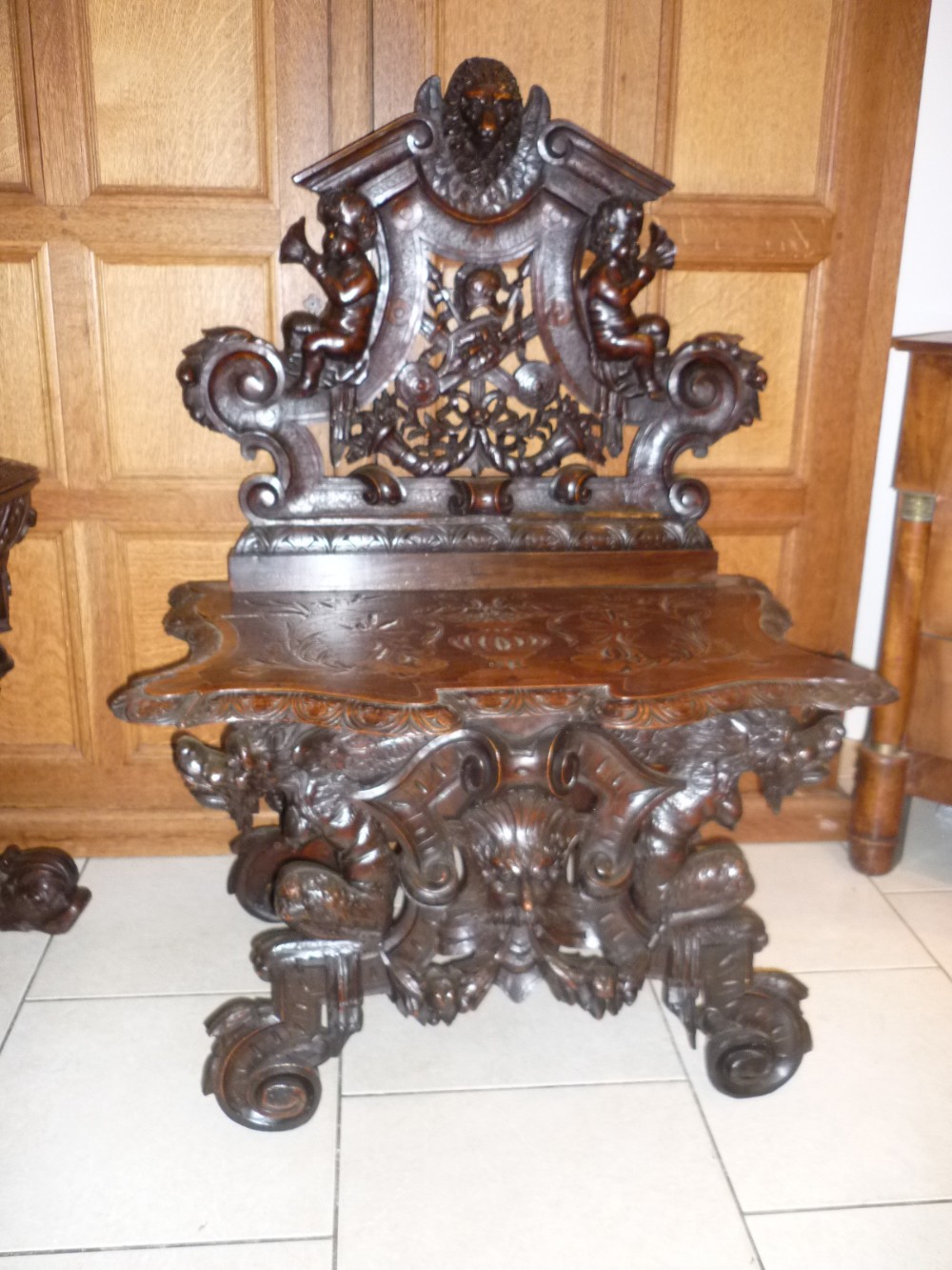 19th Century Carved Walnut Renaissance Bench Throne Chair