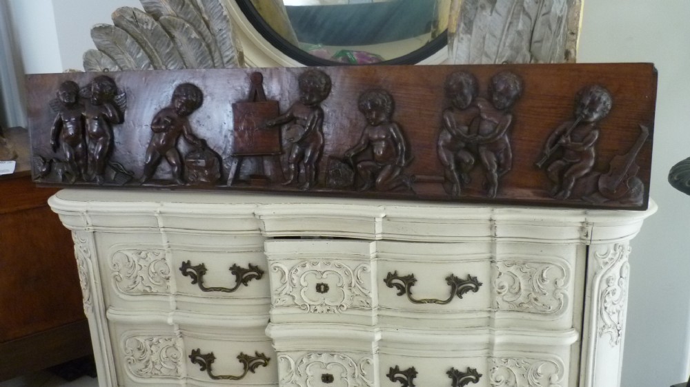 LARGE 18th Century Carved Walnut Italian Cherub Putti Panel Overmantel