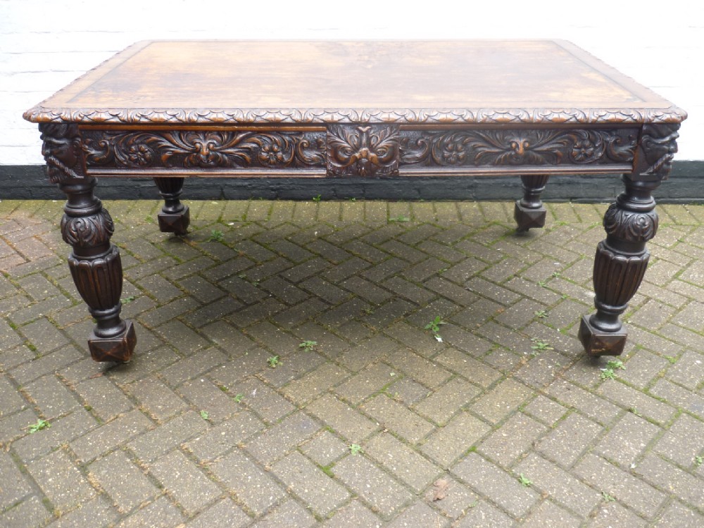 19th Century Large Carved Oak Partners Desk Table Green Man Lion Carvings
