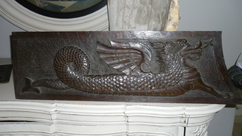 19th century Carved Oak Winged Dragon Panel