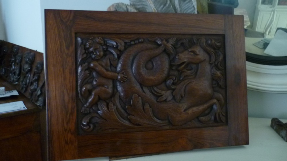 18th Century Carved Oak Panel Hippocampus Seahorse and a Cherub