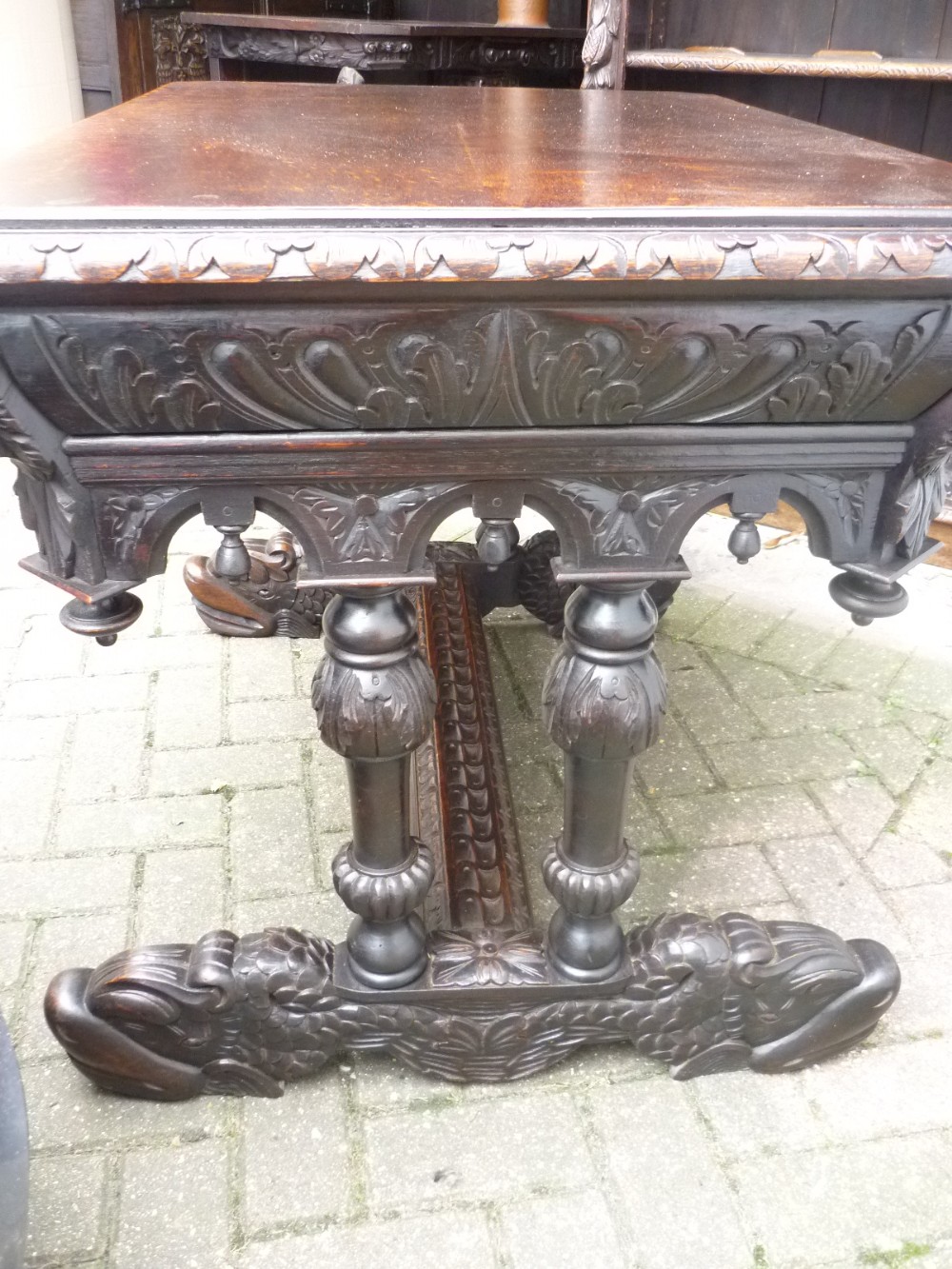 Victorian Carved Oak Library Central Table Dolphin Feet Green Man