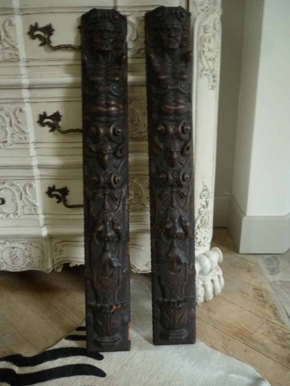 19th Century Carved Walnut Caryatids WINGED GARGOYLES Panels Fireplace