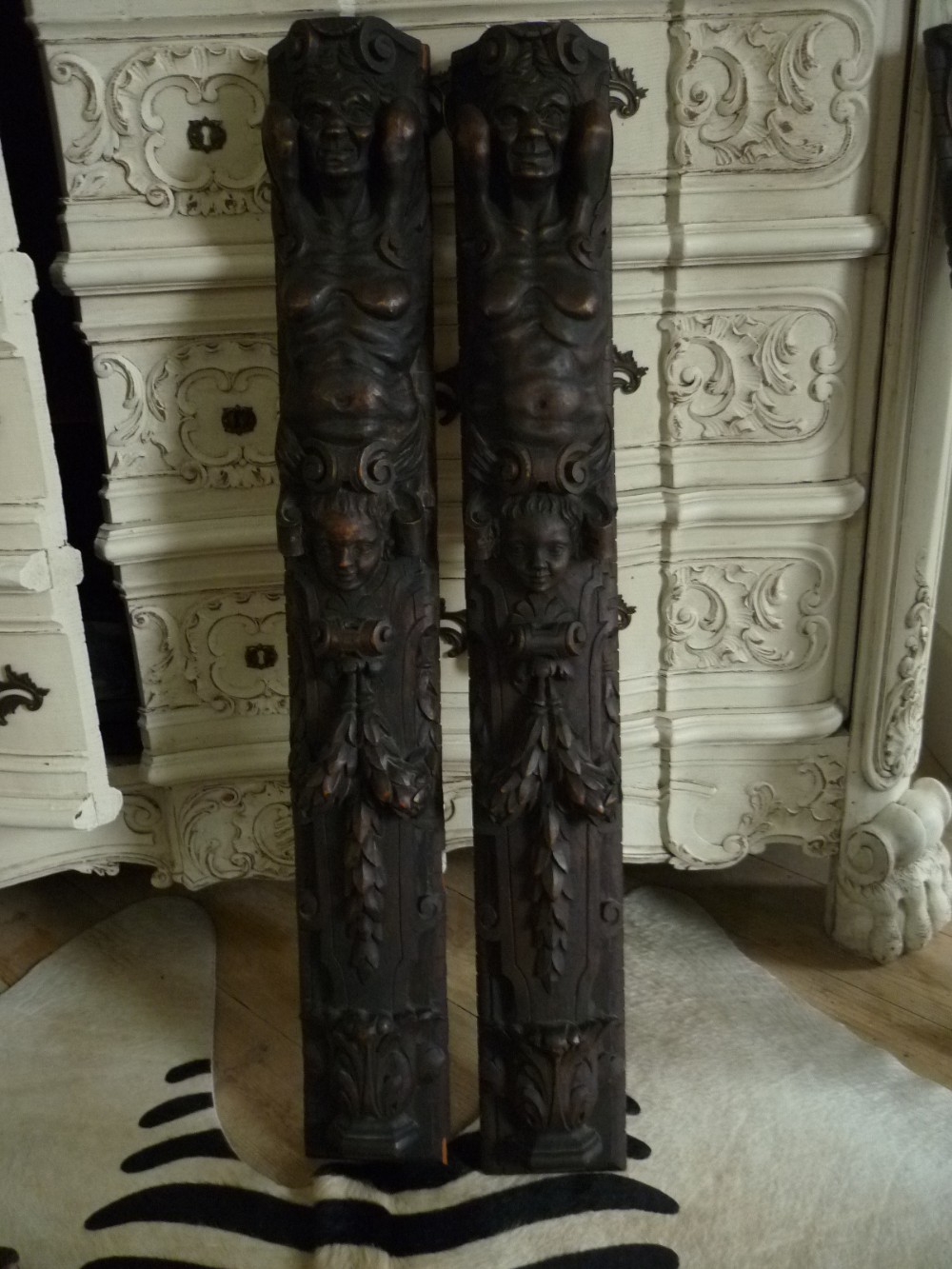19th Century Carved Walnut Caryatids Cherubs