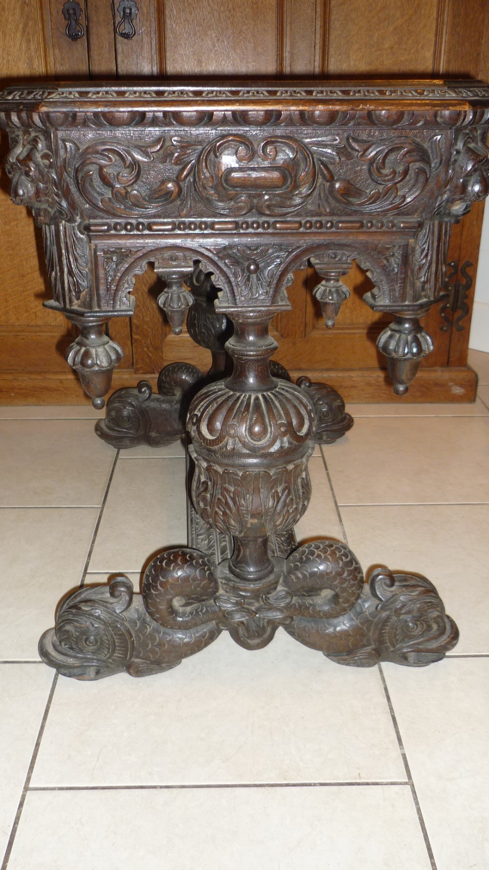 Victorian Carved Oak Library Table Dolphin Feet