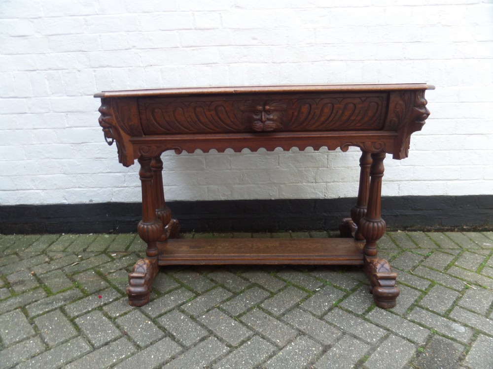 Victorian Carved Oak Library Hall Table Dolphin Feet Green Man