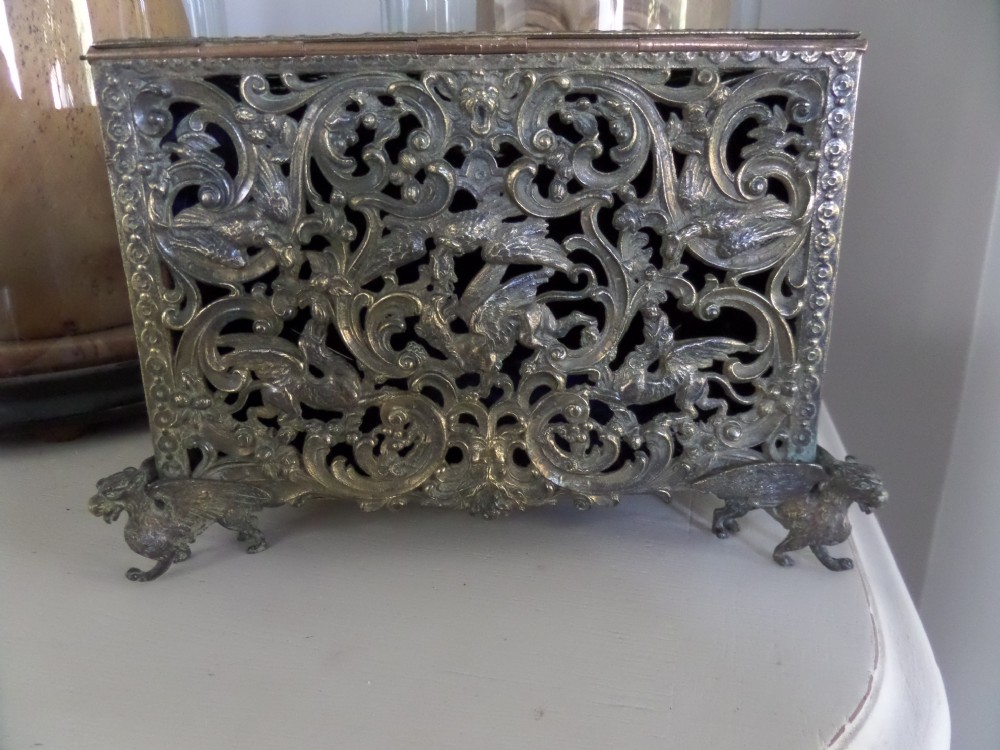 Antique Chinese Filigree Casket Devil Lions Winged Griffins Dragons Green Man