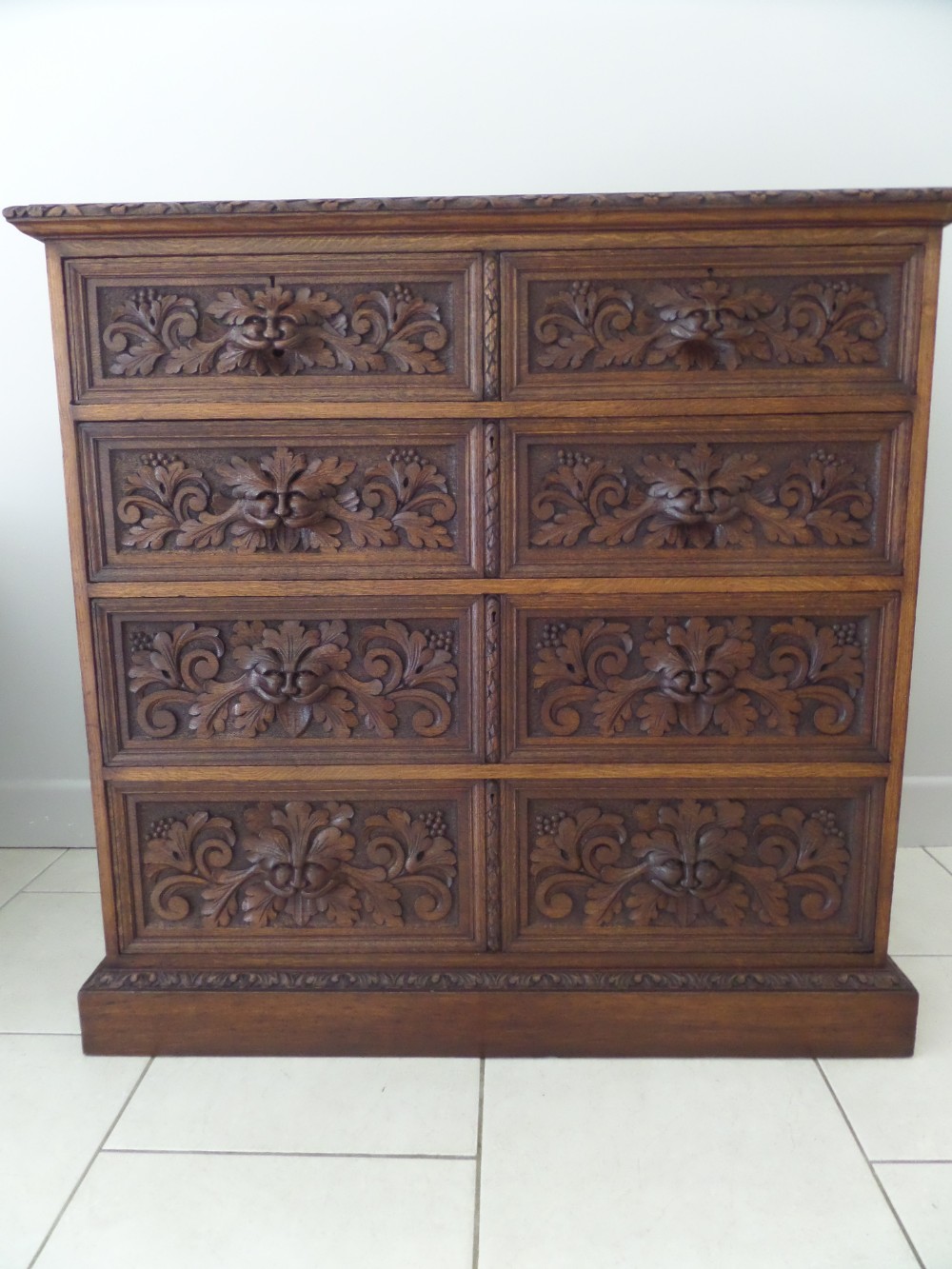 Victorian Carved Oak Gothic Green Man Chest of Drawers