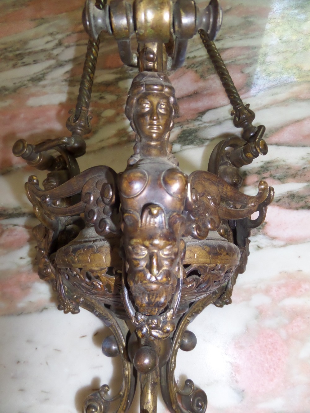 19th Century Renaissance Winged Caryatid Sanctuary Oil Lamp Chandelier