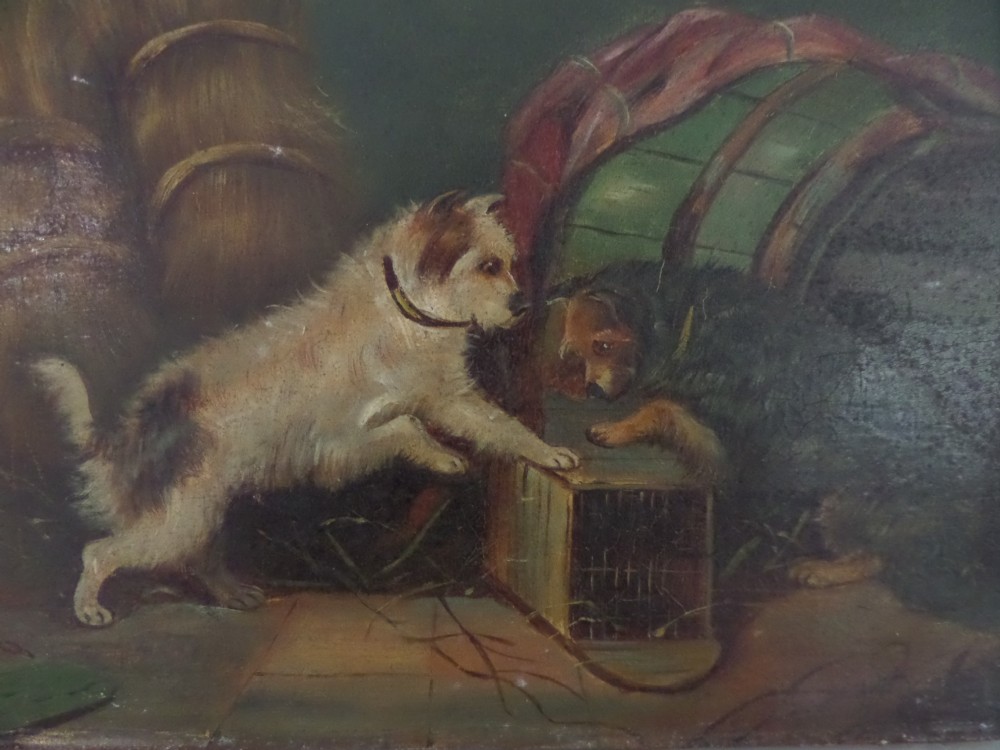 19th Century Terrier Dog Oil Painting Signed