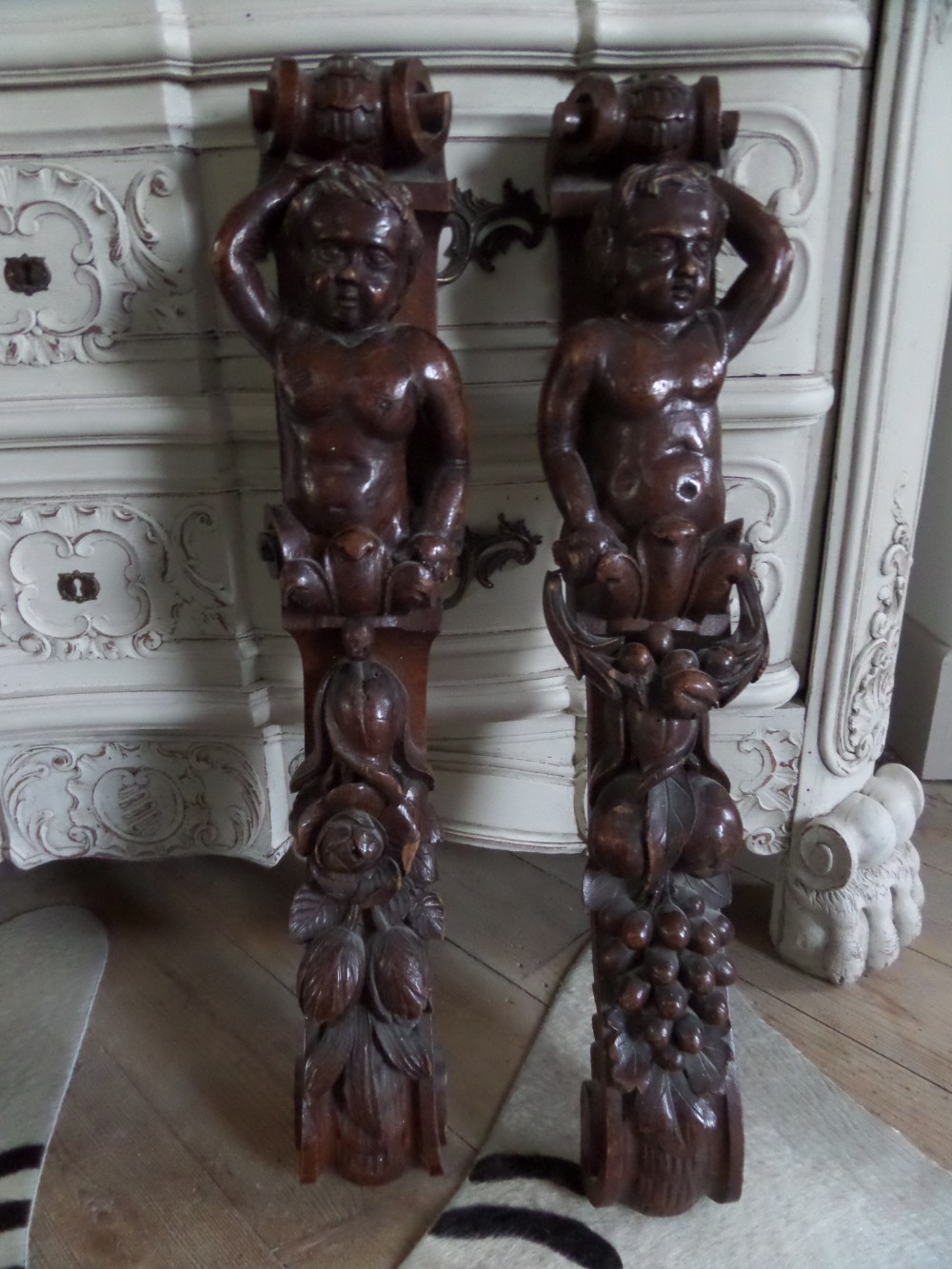19th Century Carved Oak Cherub Caryatids