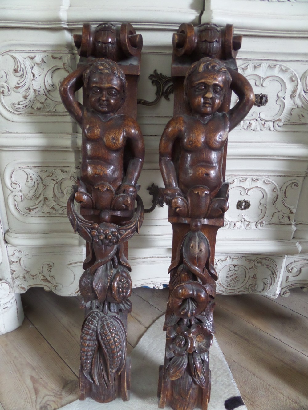 19th Century Carved Oak Caryatids Putto