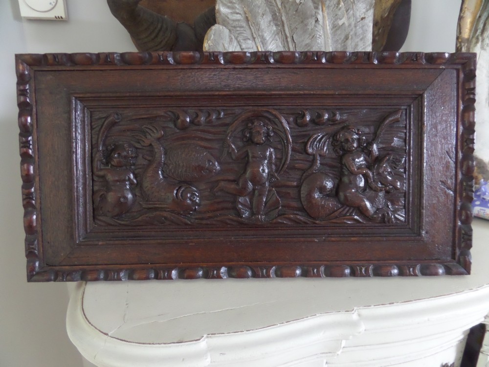 17th Century Carved Oak Panel Cherubs, Fish and Hippocampus