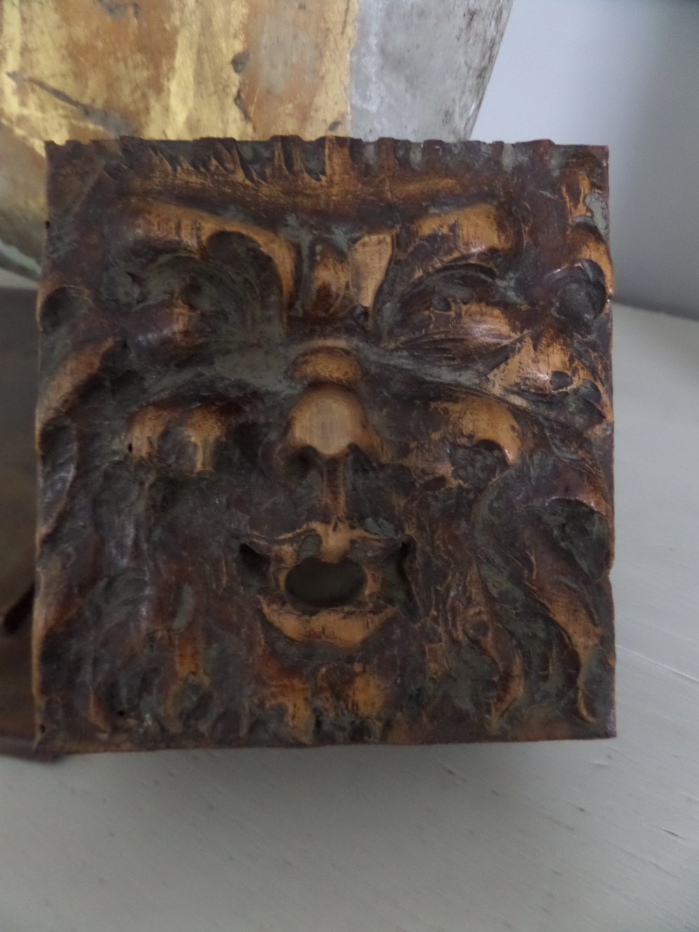 18th Century Walnut Green Man Panel Boss