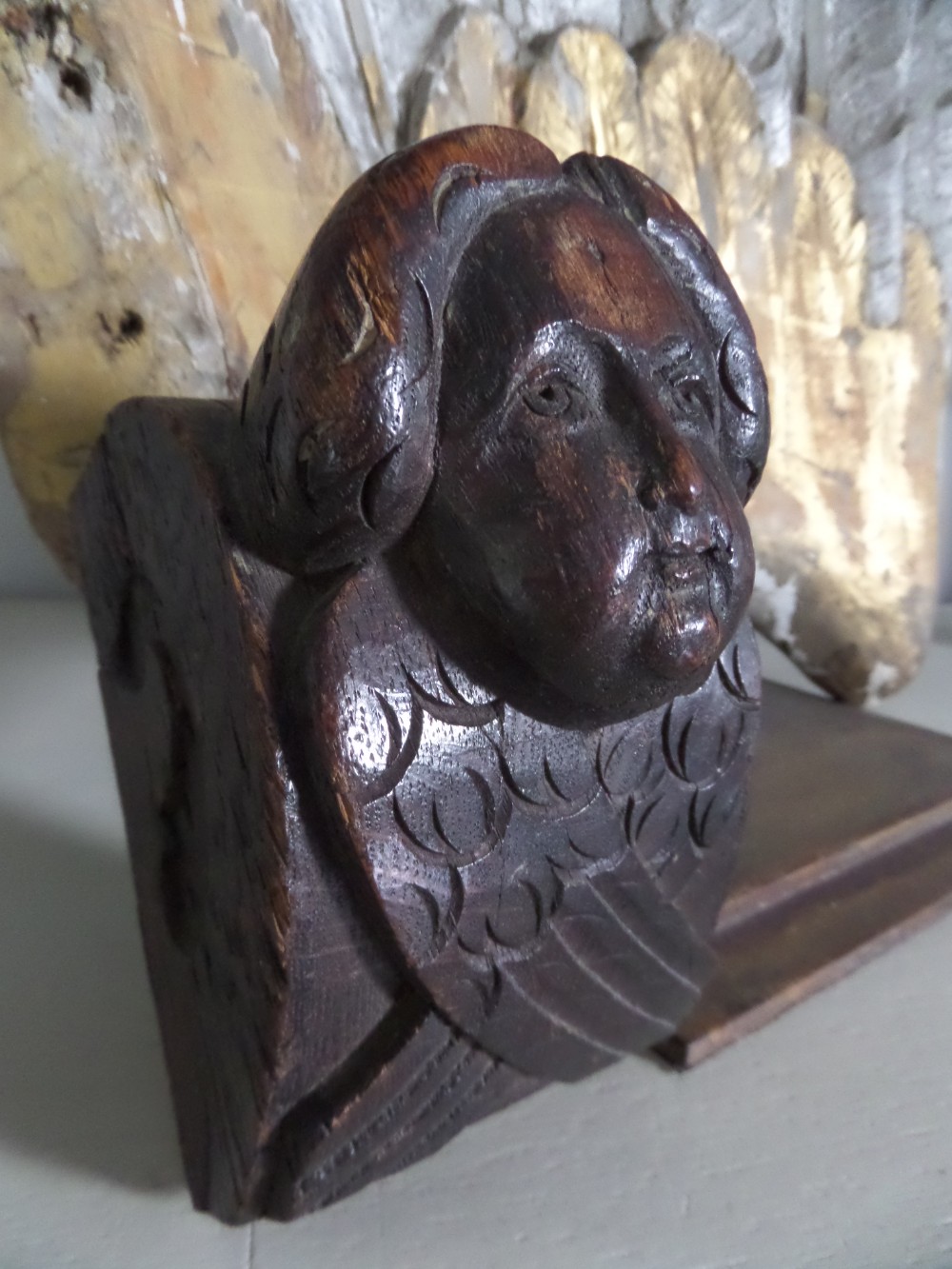 18th Century Carved Oak Winged Angel Carving