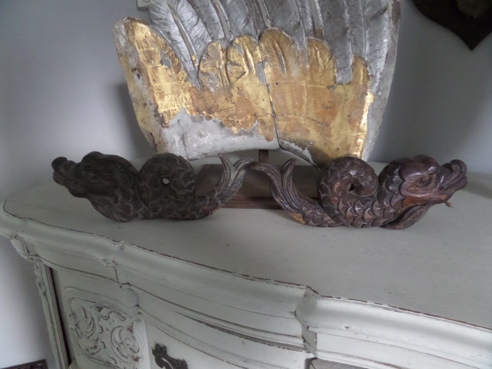 19th Century Carved Oak Dolphins Fish 