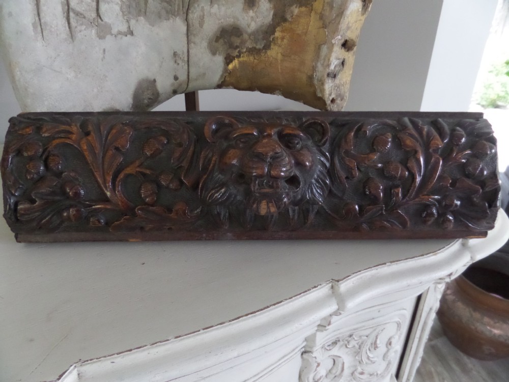19th Century Carved Oak Lion and Acorn Panel