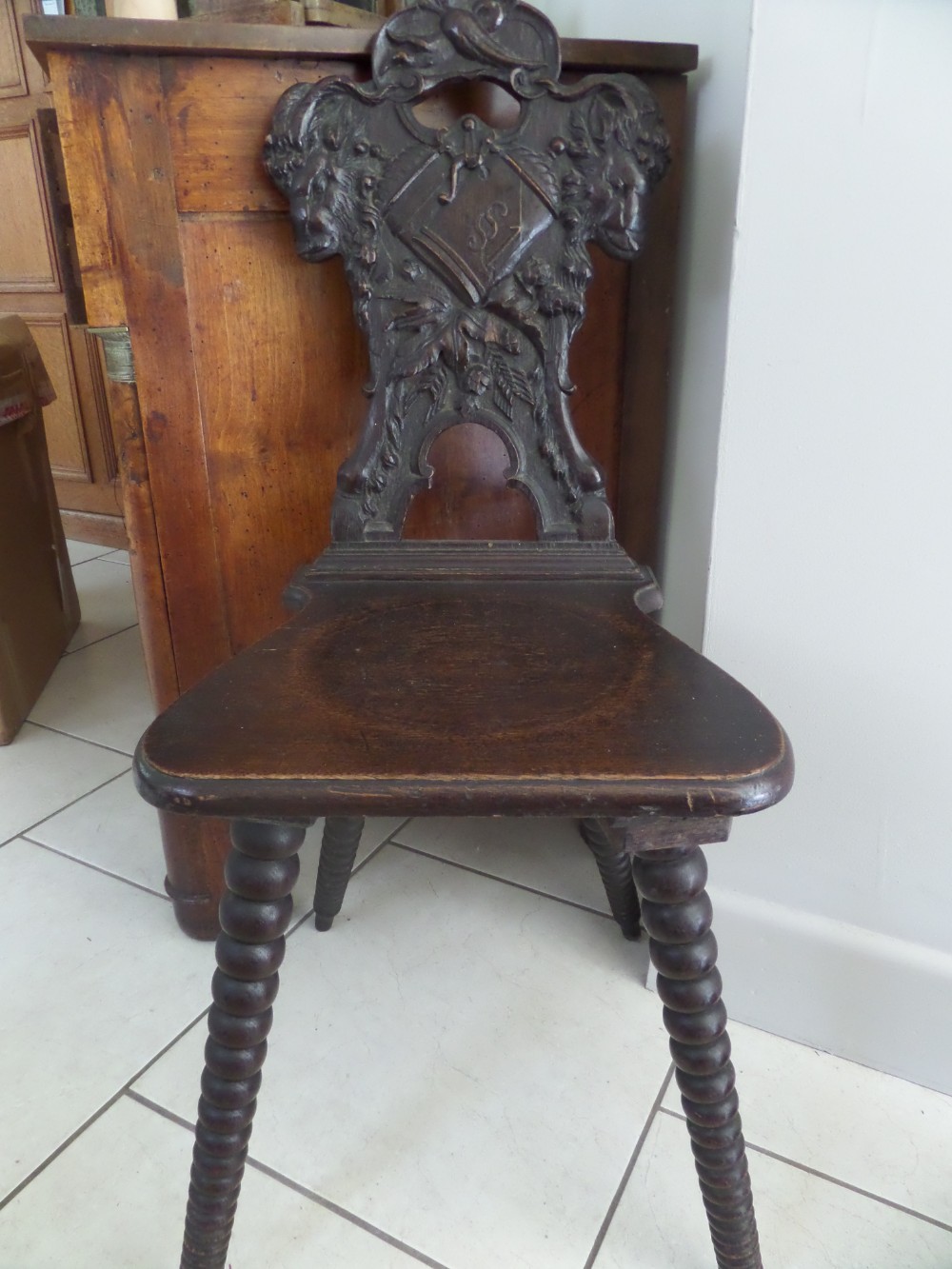 Carved Oak 19th Century Hall Chair Rams Heads