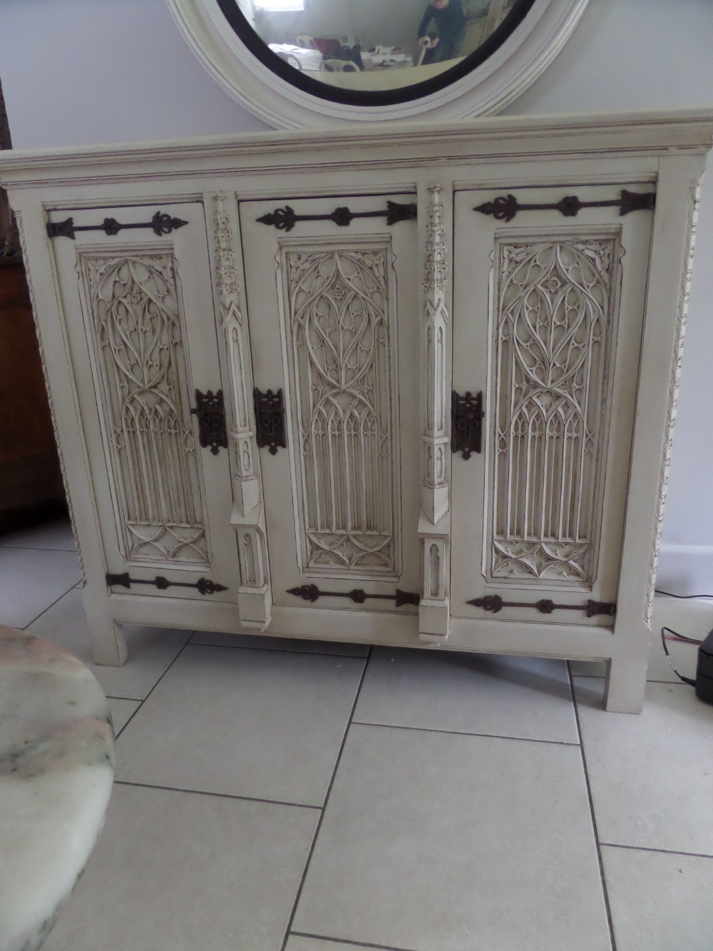 19th Century Carved Gothic Church Sideboard Cabinet with Tracery Panels