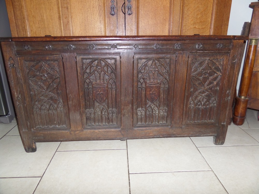 19th Century Carved Oak Gothic Chest Coffer