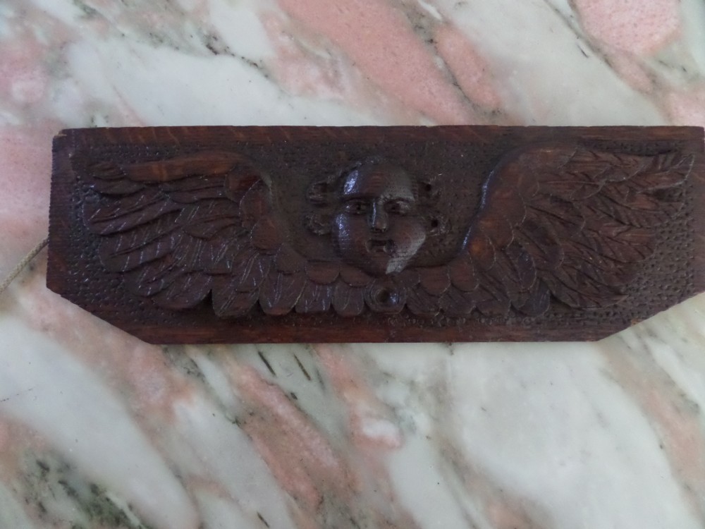 Antique Carved Oak Winged Cherub Head Panel