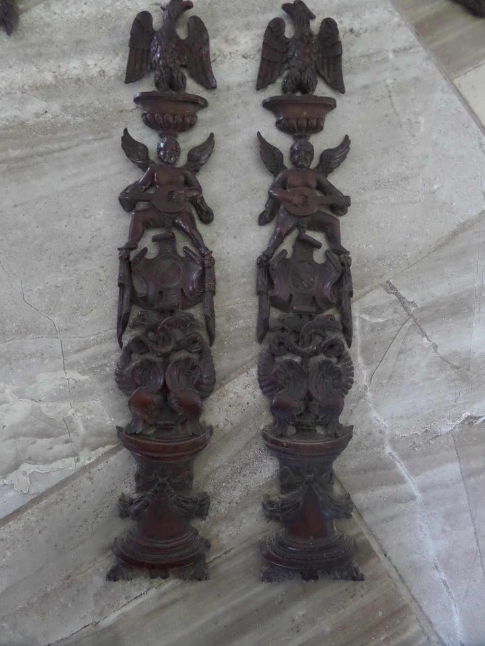 Pair 18th Century Carved Walnut Caryatid winged Cherub Eagle