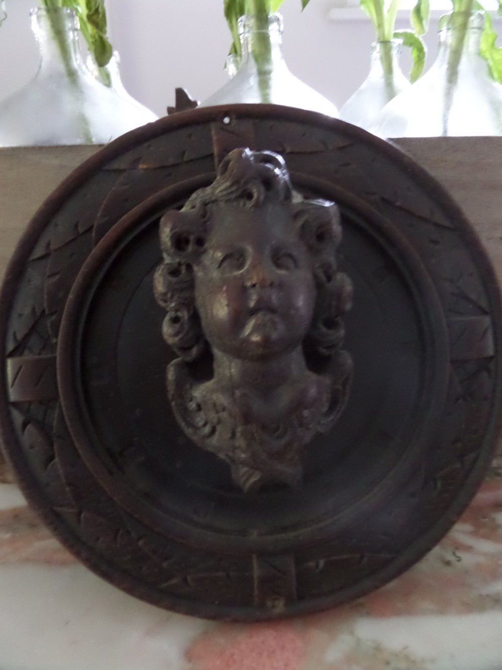 17th Century Carved Oak Roundel Putto Cherub