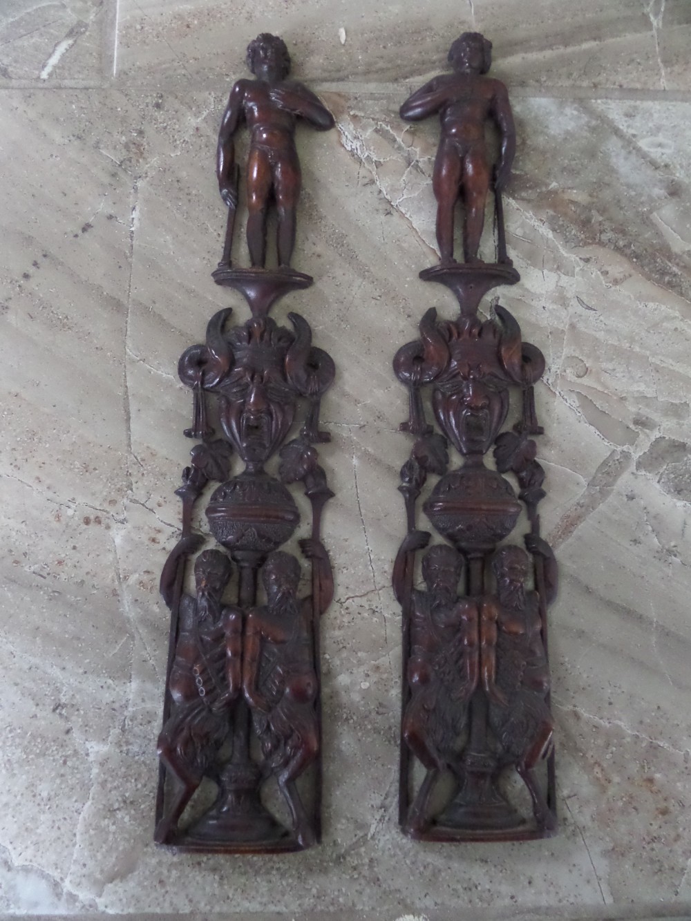 Pair of Antique Walnut Caryatids Satyre Cherub Panel