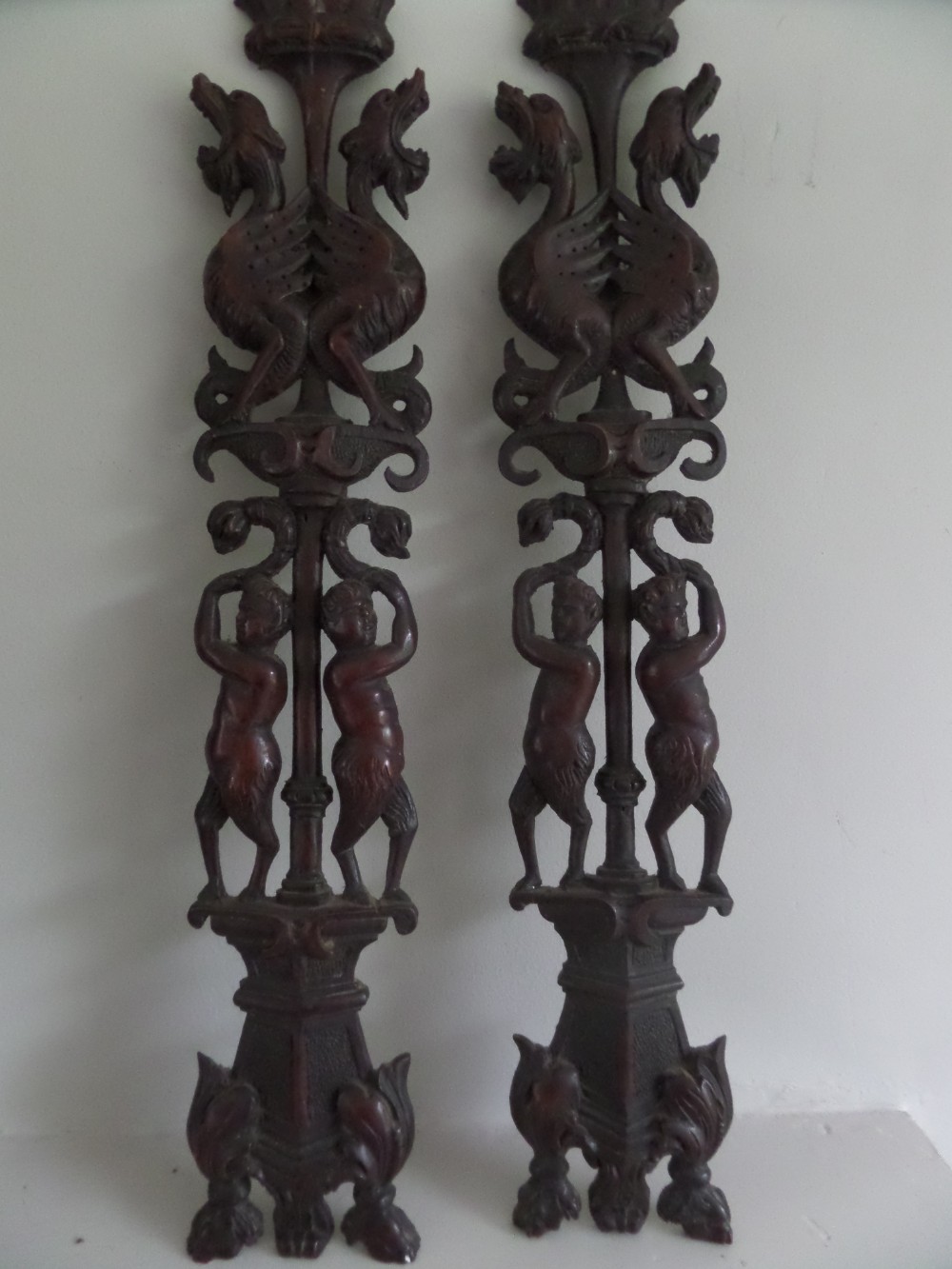 19th Century Carved Walnut Caryatids Satyr Griffins