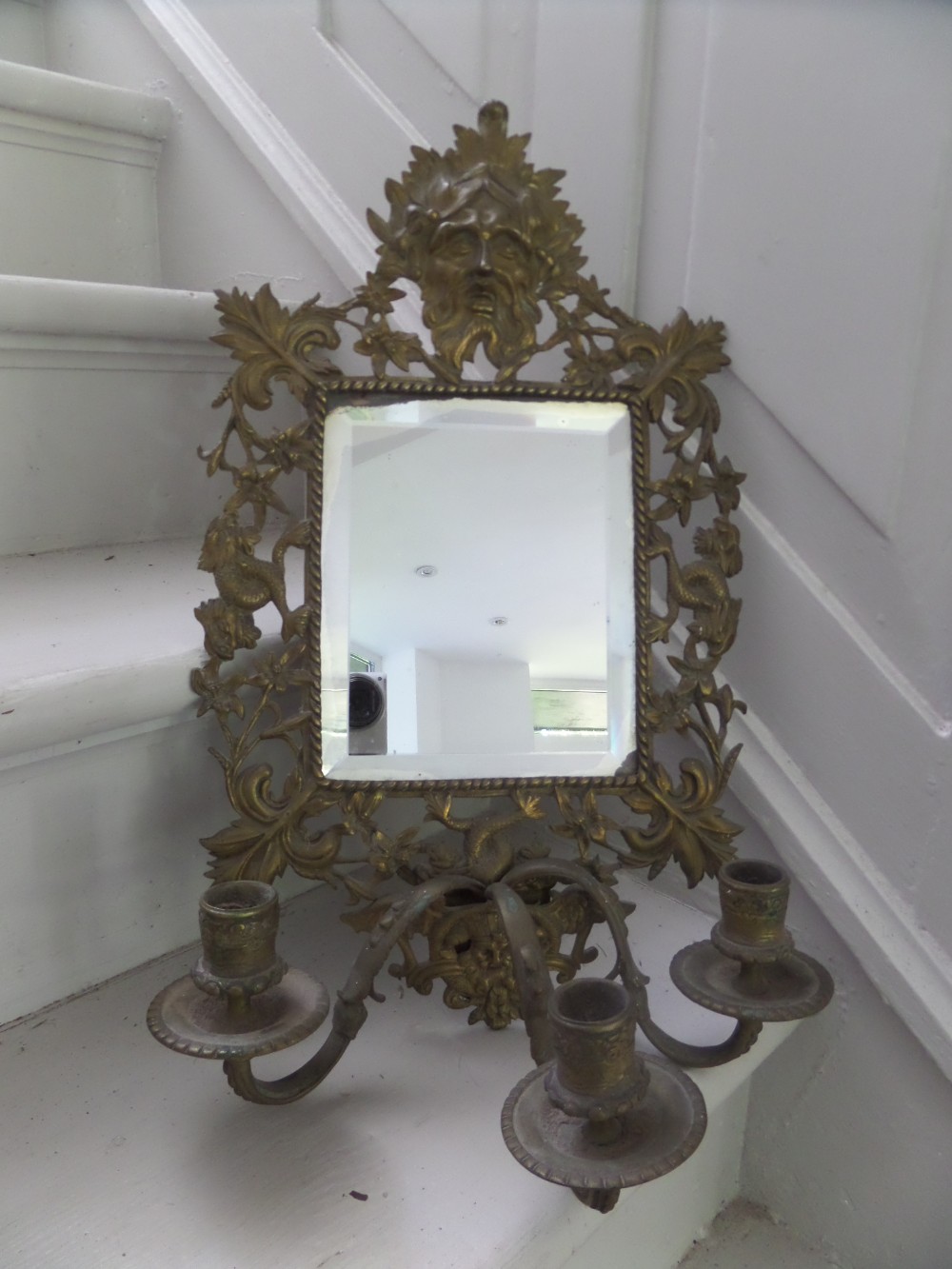 19th Century Mythical Green Man Brass Mirror Sconce