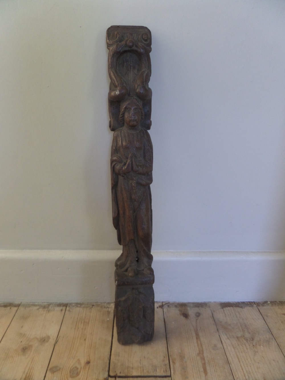 Large 17th Century Carved Oak Mary Saint Caryatid Panel surmounted by birds Dolphins