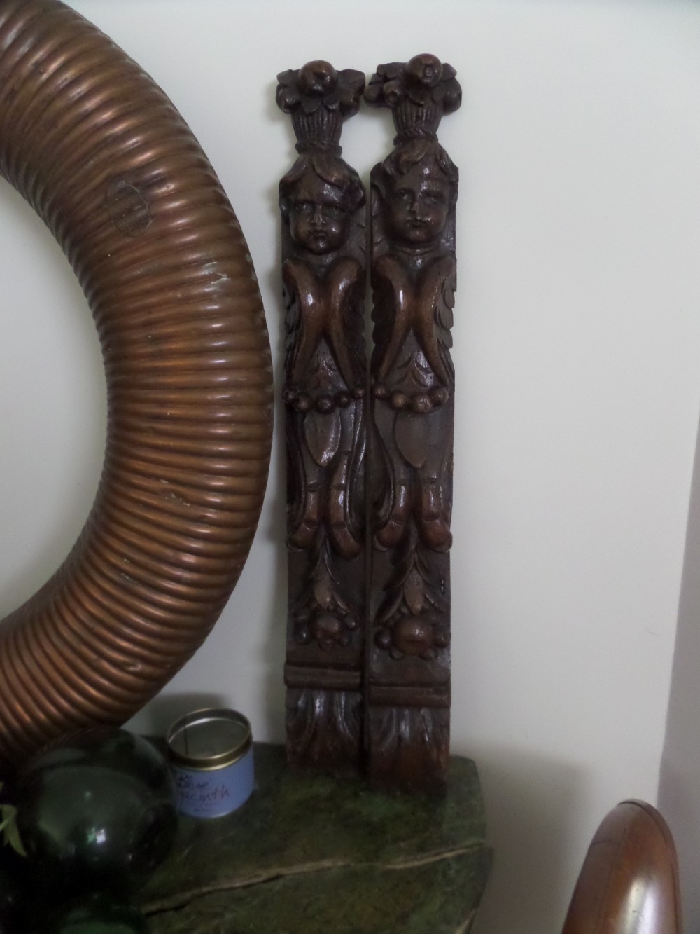 Pair 18th Century Carved Oak Caryatids Panels Winged Cherubs