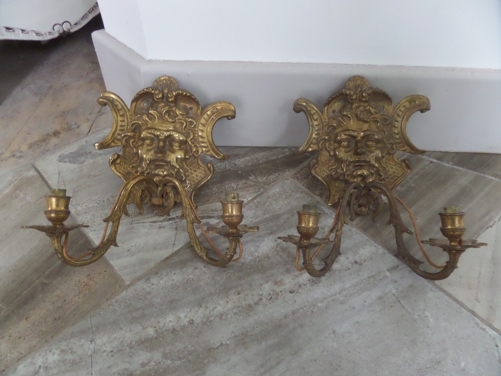 Pair Brass Green man Sconces Wall Lights