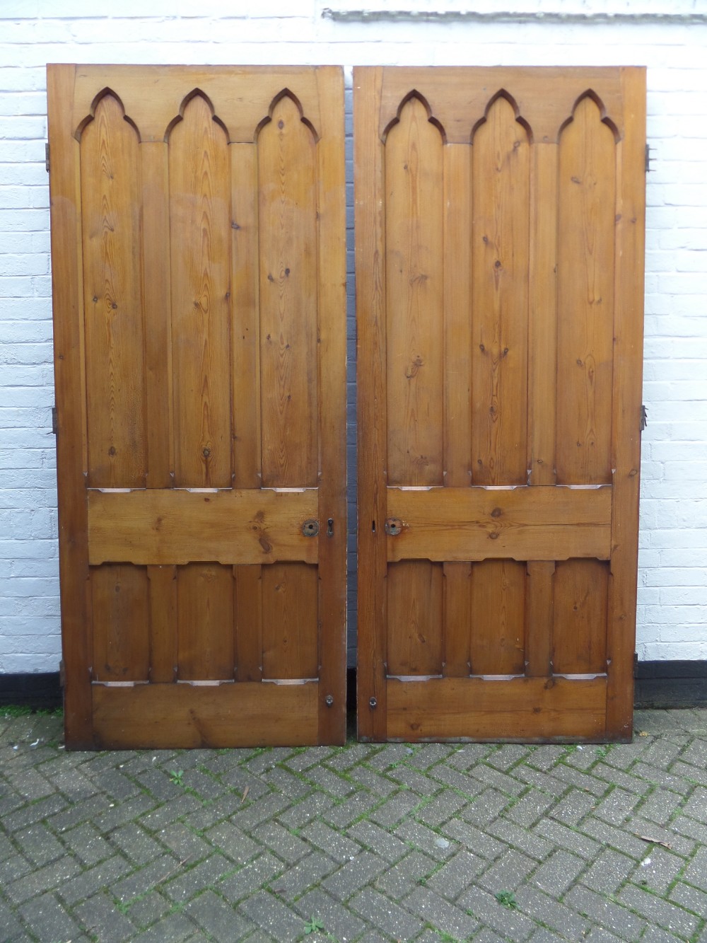 Antique Pair of large Victorian Carved Gothic Pine Church Doors